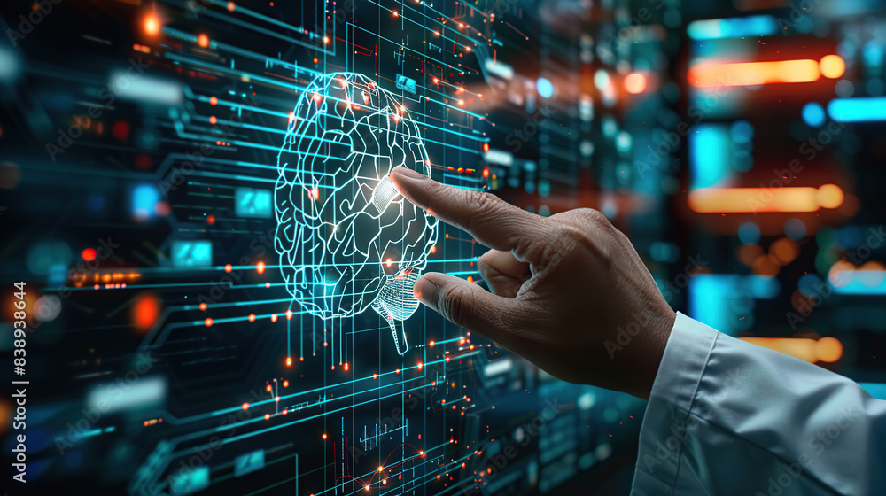 Artificial Intelligence and medical science concept, hand touching digital brain hologram on modern computer screen with data and code background Artificial Intelligence and medical science concept, hand touching digital brain hologram on modern computer screen with data and code background