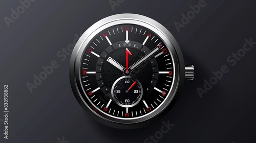 An isolated design of classic luxury fashion for men featuring a black face, silver arrow, and white numbers on a realistic watch clock dashboard vector illustration.