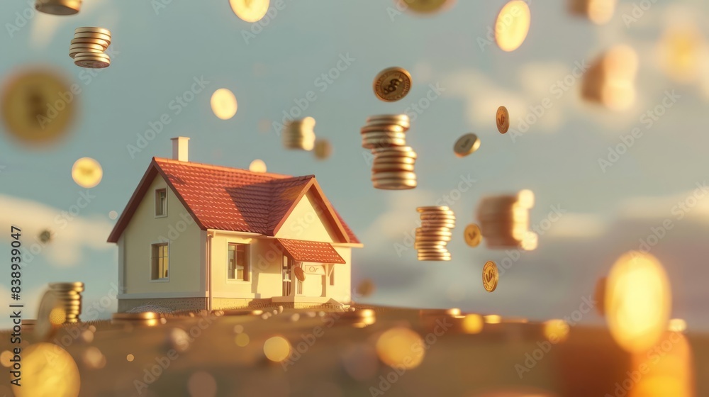 A 3D render illustrating stacks of coins and banknotes floating around a house A 3D render illustrating stacks of coins and banknotes floating around a house