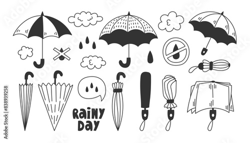 Umbrella Rain Cloud Doodle Set. Hand drawn collection of accessories for summer autumn fall rainy weather. Waterproof protection elements. Isolated black line art. Vector illustration