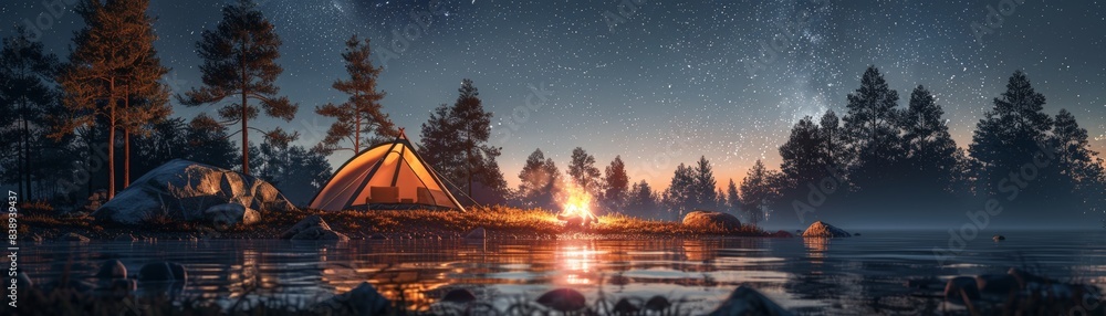 Fototapeta premium Stunning Nighttime Camping Scene by a Tranquil Lake with a Glowing Campfire Under a Starry Sky in a Forested Area