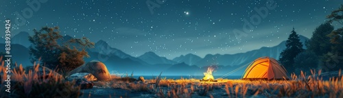 Starry Night Camping Scene with Tents and Campfire by a Lake in a Mountainous Landscape