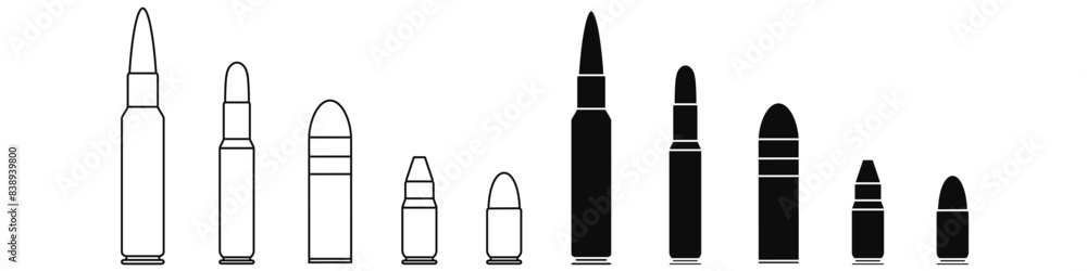 Bullet icon vector set. Cartridge illustration sign collection. Projectile symbol. Weapon logo. Bullet icon vector set. Cartridge illustration sign collection. Projectile symbol. Weapon logo.