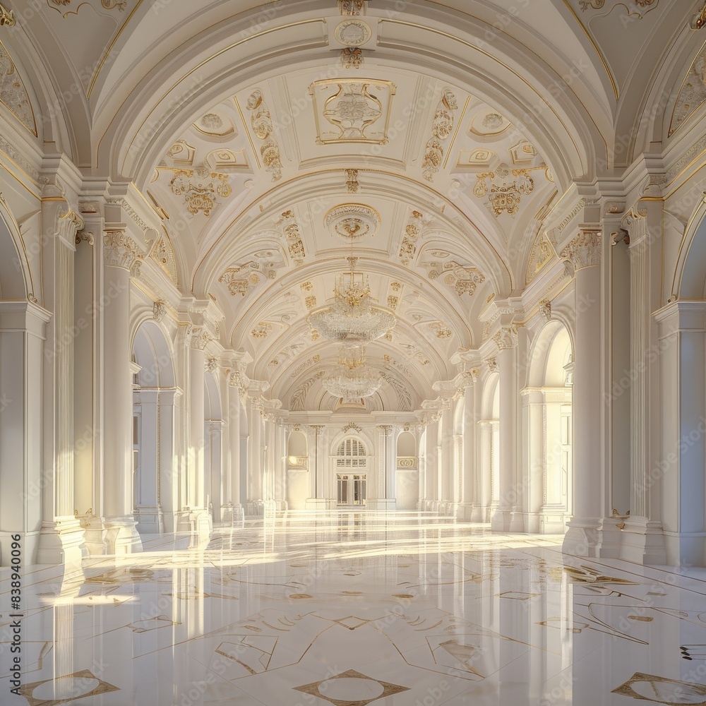 Fototapeta premium White Castle Interiors, Empty Victorian Hall, Luxury Hotel Lobby, Royal Villa, Copy Space