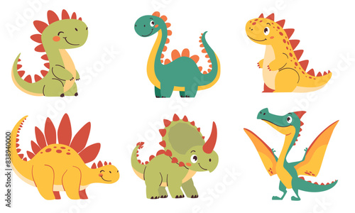 Set of vector illustrations in cartoon style. Super Cute dinosaurs on white background. Vector illustration