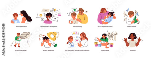 Autism signs set. Autistic behaviour, mental health disorder, cognitive problem symptoms. Kids development delay. Child ASD spectrum awareness. Flat vector illustration isolated on white background