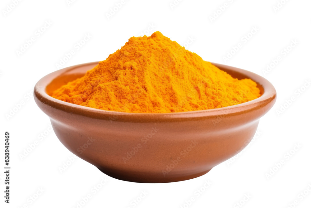 The Golden Essence: A Brown Bowl Filled With Yellow Powder on a White or Clear Surface PNG Transparent Background.. The Golden Essence: A Brown Bowl Filled With Yellow Powder on a White or Clear Surface PNG Transparent Background..