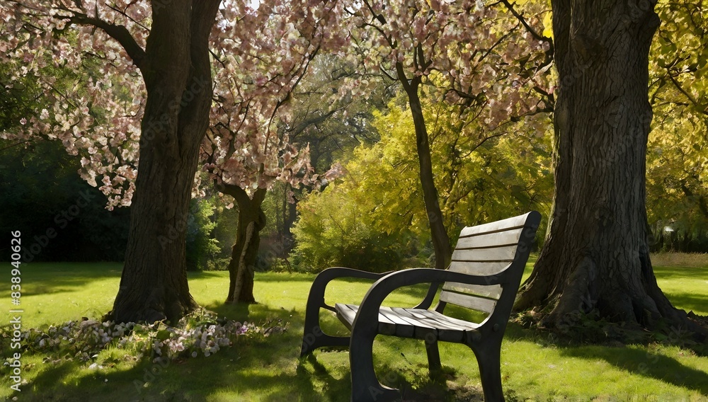 Dans un jardin paisible, une personne est assise sur un banc de pierre ancien, entourée d'arbres aux couleurs chatoyantes et de fleurs délicates. Les rayons du soleil traversent les branches, créant u Dans un jardin paisible, une personne est assise sur un banc de pierre ancien, entourée d'arbres aux couleurs chatoyantes et de fleurs délicates. Les rayons du soleil traversent les branches, créant u