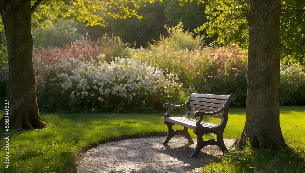 Dans un jardin paisible, une personne est assise sur un banc de pierre ancien, entourée d'arbres aux couleurs chatoyantes et de fleurs délicates. Les rayons du soleil traversent les branches, créant u Dans un jardin paisible, une personne est assise sur un banc de pierre ancien, entourée d'arbres aux couleurs chatoyantes et de fleurs délicates. Les rayons du soleil traversent les branches, créant u