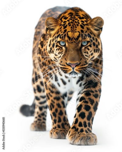 the Amur Leopard  portrait view  white copy space on right Isolated on white background