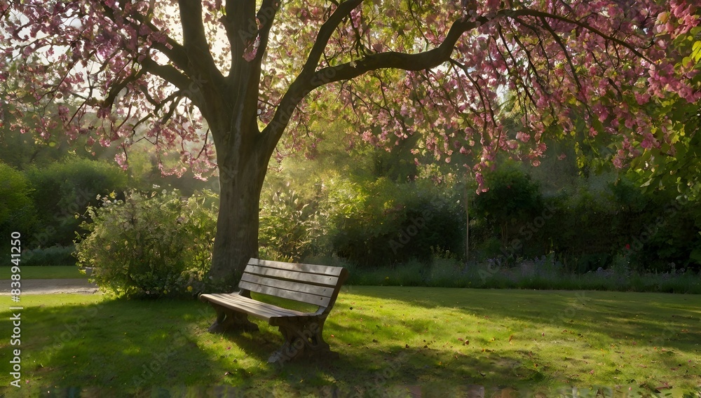 Dans un jardin paisible, une personne est assise sur un banc de pierre ancien, entourée d'arbres aux couleurs chatoyantes et de fleurs délicates. Les rayons du soleil traversent les branches, créant u Dans un jardin paisible, une personne est assise sur un banc de pierre ancien, entourée d'arbres aux couleurs chatoyantes et de fleurs délicates. Les rayons du soleil traversent les branches, créant u