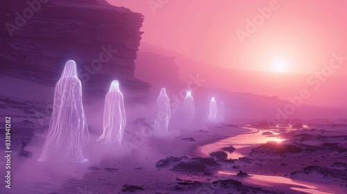 Illuminated Light Figures in Dreamlike Desert Setting with Pink Sky and Lake