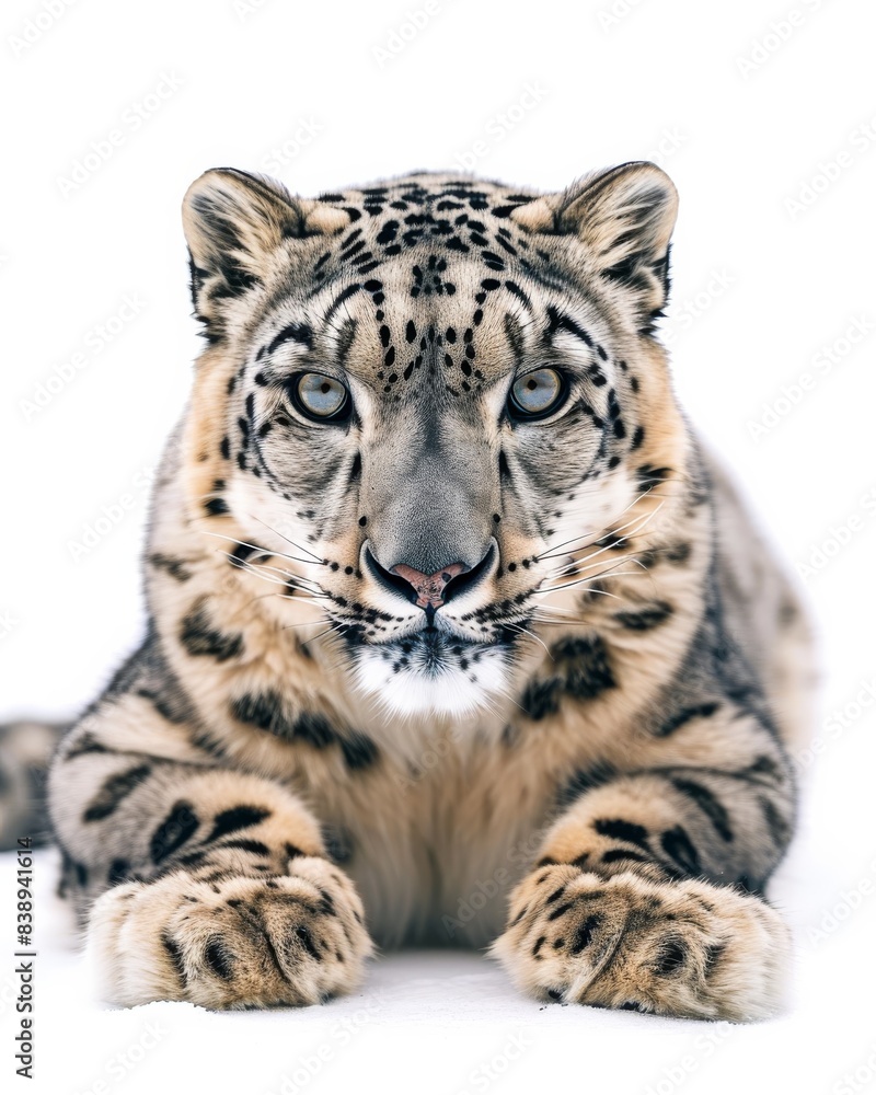 the Snow Leopard, portrait view, white copy space on right Isolated on white background the Snow Leopard, portrait view, white copy space on right Isolated on white background
