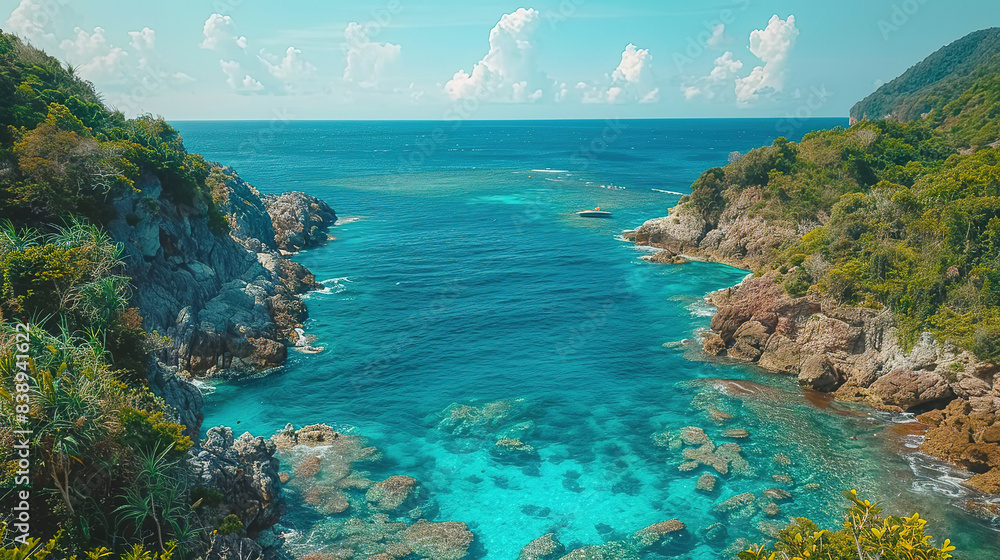Fototapeta premium wallpaper of a Islands, with crystal clear water and vibrant coral reefs as the background, during a sunny day with empty copy space