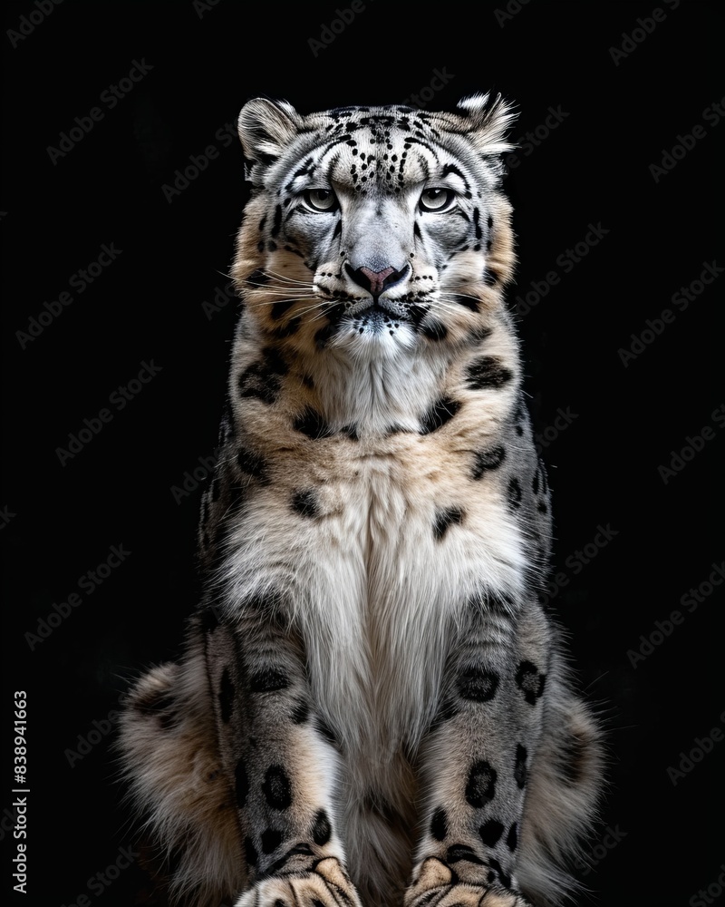 Fototapeta premium the Snow Leopard, portrait view, white copy space on right Isolated on black background