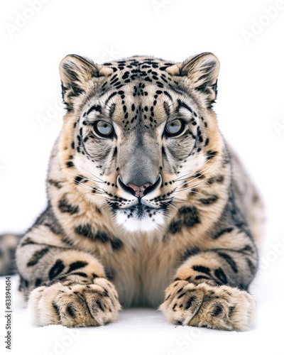 the Snow Leopard  portrait view  white copy space on right Isolated on white background