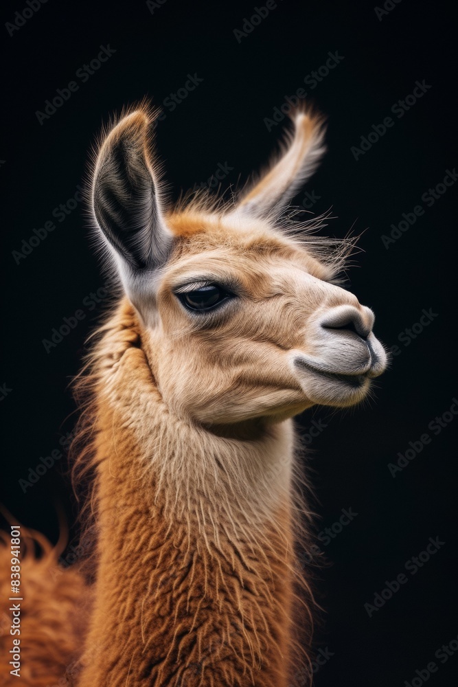 Obraz premium Mystic portrait of Llama, copy space on right side, Anger, Menacing, Headshot, Close-up View Isolated on black background