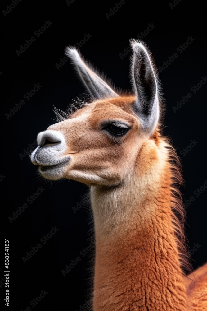 Obraz premium Mystic portrait of Llama, copy space on right side, Anger, Menacing, Headshot, Close-up View Isolated on black background