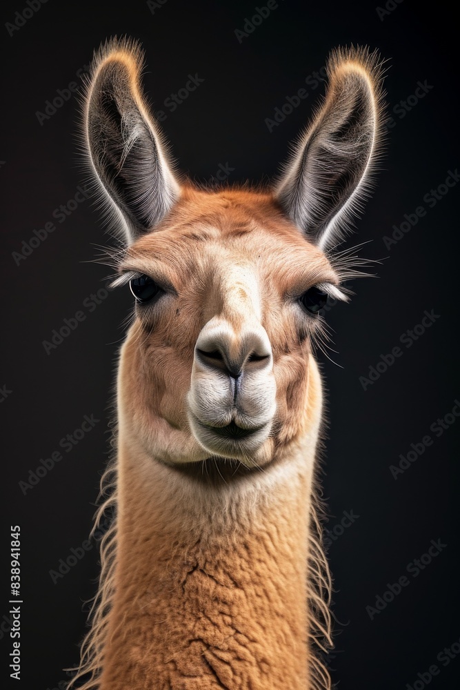 Fototapeta premium Mystic portrait of Llama, copy space on right side, Anger, Menacing, Headshot, Close-up View Isolated on black background
