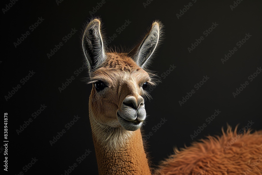 Fototapeta premium Mystic portrait of Llama, copy space on right side, Anger, Menacing, Headshot, Close-up View Isolated on black background