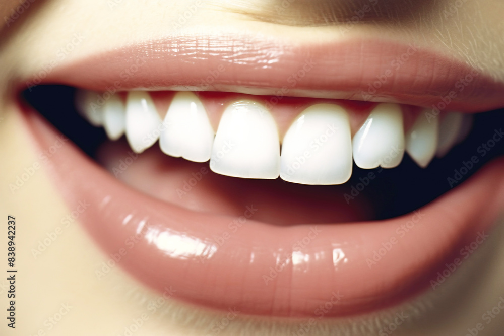 Female smiling mouth with bright lips, large perfect teeth. AI generated. Female smiling mouth with bright lips, large perfect teeth. AI generated.