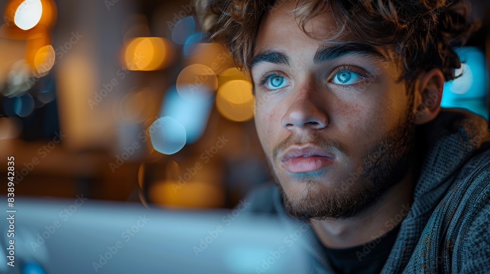 photo of a man, blue eyes, at a laptop photo of a man, blue eyes, at a laptop