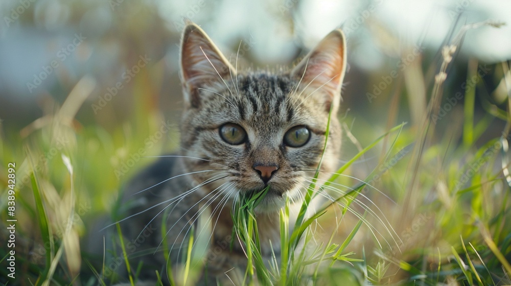 cute cat with funny face eating organic grass in day