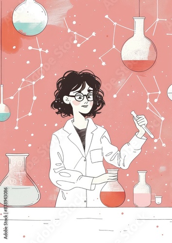 Scientist in Lab Working with Chemicals and Equipment on Pink Background, Constellation Drawings, Science Illustration, Educational Art