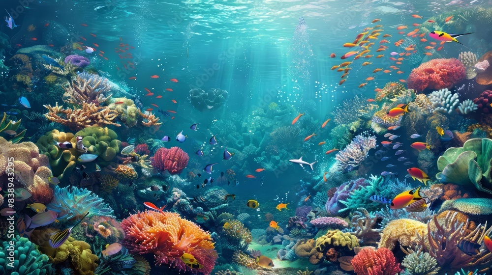 Obraz premium A futuristic vision of a beautiful, serene seascape features a thriving coral reef with a variety of fish creating a vivid underwater tableau