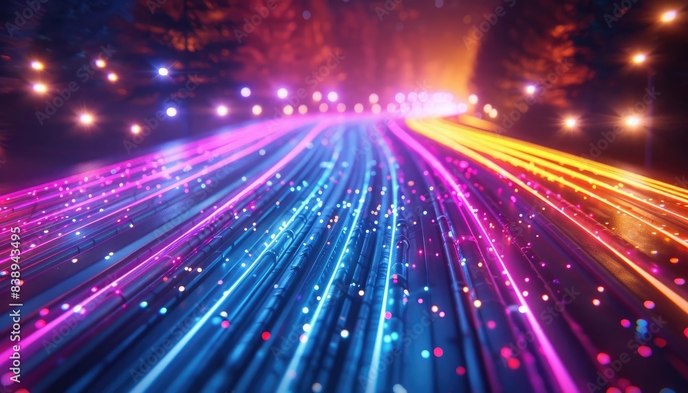 Abstract digital road with glowing light streaks and scattered particles. Abstract digital road with glowing light streaks and scattered particles.