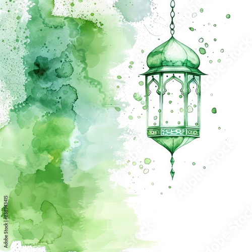 Simple watercolor green and white Islamic background with lantern.