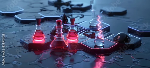 Laboratory Beakers with Red Liquid on Hexagonal Platform, Science Lab Equipment with Futuristic Lighting, Chemistry Experiment