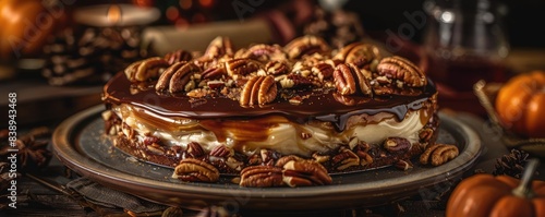 Close-up of a delicious caramel chocolate pecan cake on a plate, perfect for Autumn and holiday celebrations. Rich flavors and textures. © PBMasterDesign