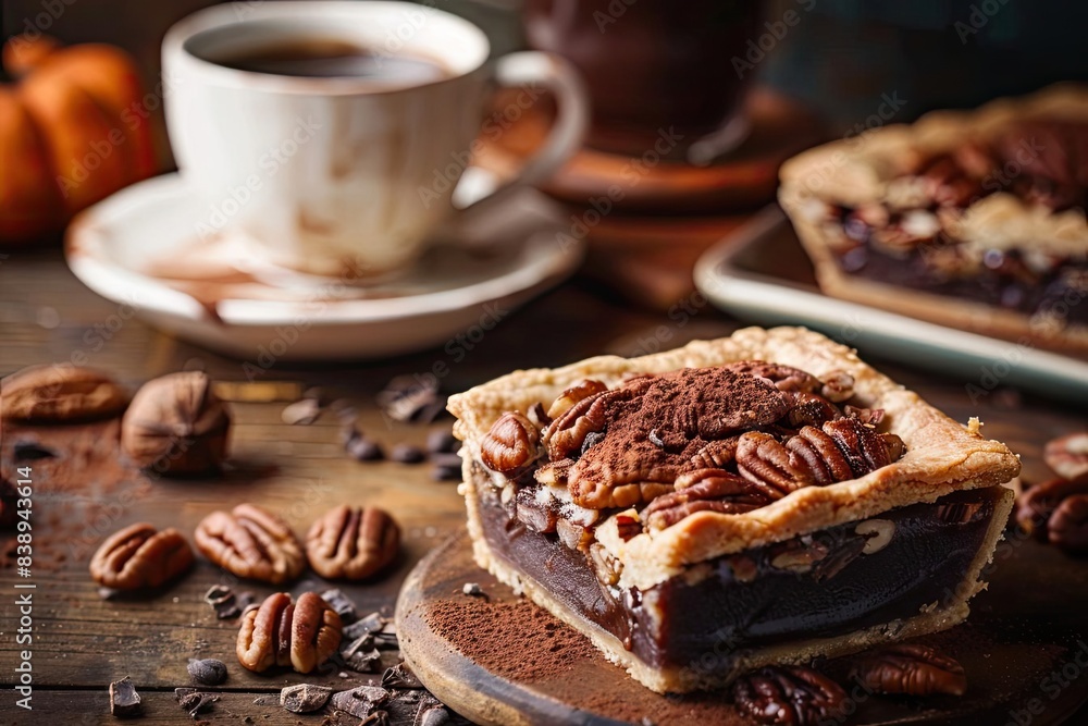 A delicious slice of chocolate pecan pie served with a cup of coffee on a rustic wooden table, perfect for dessert and autumn mood. A delicious slice of chocolate pecan pie served with a cup of coffee on a rustic wooden table, perfect for dessert and autumn mood.