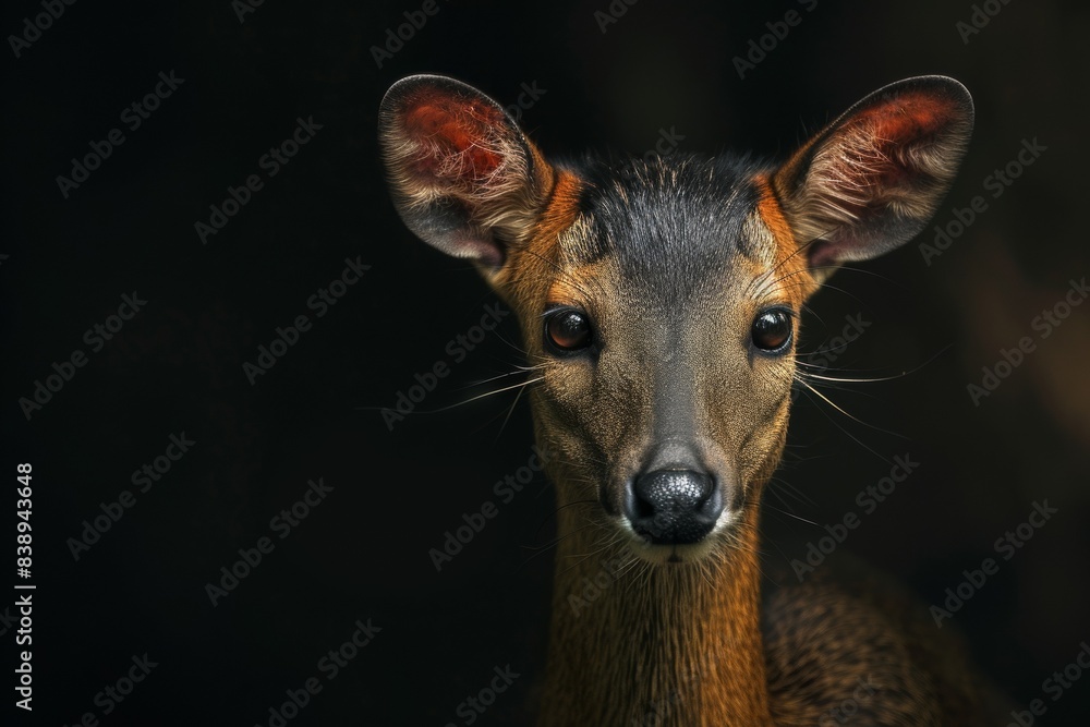 Mystic portrait of Muntjac, copy space on right side, Anger, Menacing, Headshot, Close-up View Isolated on black background Mystic portrait of Muntjac, copy space on right side, Anger, Menacing, Headshot, Close-up View Isolated on black background