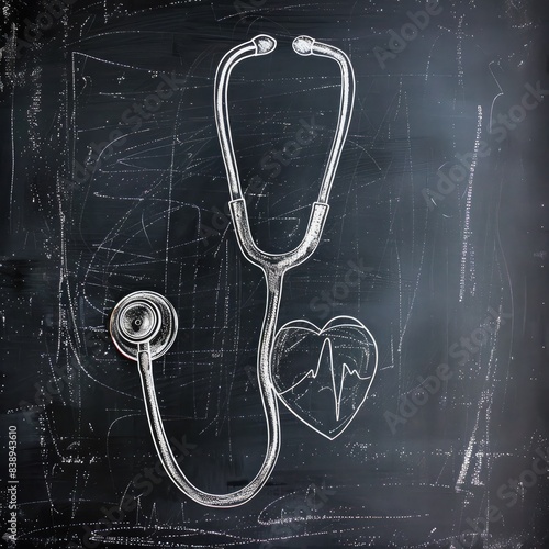Medical Illustration, Stethoscope Drawing, Chalkboard Style, Heartbeat Symbol, Medical Art, Healthcare Decor, Doctor Office Art