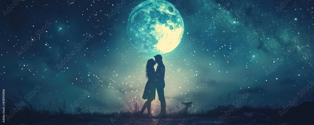 Romantic couple kissing under a starry night sky with a bright full ...