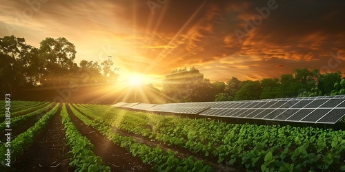 Solar power integrated into agricultural practices for sustainable energy production. Concept Solar power, Agriculture, Sustainable energy, Integration, Practices photo