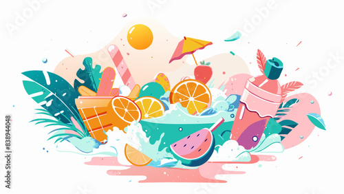 Vibrant Summer Splash with Fruits, Ice Cream, and Refreshing Drinks