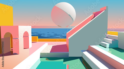 Picturesque Coastal Townscape at Sunset with Balloon Over Sea