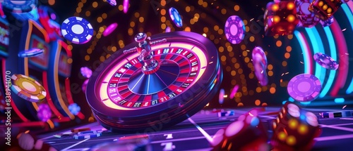 A neonlit casino background featuring a roulette wheel, playing cards, and chips falling in a dynamic and colorful scene, perfect for an online casino banner, rendered in 3D