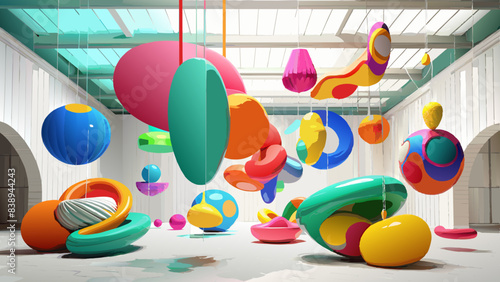 Colorful Abstract 3D Shapes Floating in Modern Gallery Space
