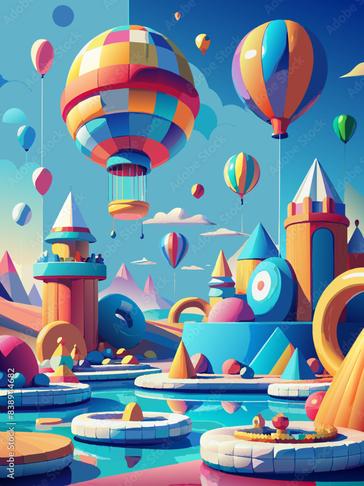 Colorful Fantasy Land with Hot Air Balloons and Castles Illustration Colorful Fantasy Land with Hot Air Balloons and Castles Illustration