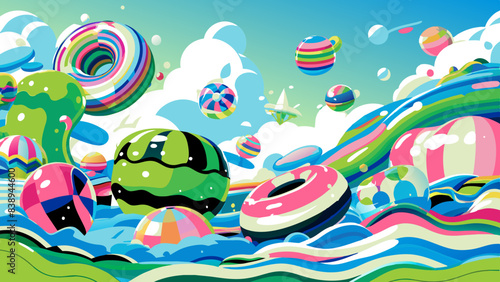 Vibrant Candy Land Dreamscape with Whimsical Elements and Blue Skies