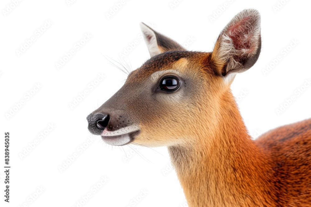 Mystic portrait of Muntjac, copy space on right side, Anger, Menacing, Headshot, Close-up ViewIsolated on white background Mystic portrait of Muntjac, copy space on right side, Anger, Menacing, Headshot, Close-up ViewIsolated on white background