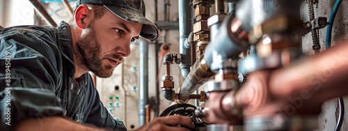 An image of a plumber repairing or installing pipes and plumbing fixtures in a residential or commercial building, showcasing plumbing skills