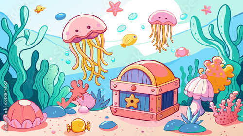 Enchanting Underwater Scene with Colorful Jellyfish and Treasure Chest