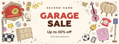 Vector horizontal garage promotional sale web banner, billboard, poster or flyer with hand drawn vintage furniture and interior design elements. Real estate concept illustration