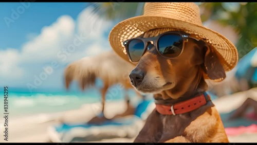Relaxing dog with sun hat and sunglasses on tropical beach.