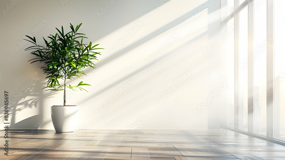 A minimalist office interior with a single, oversized plant strategically placed to create a sense of calm and focus. Sunlight streams through a large window, bathing the space in a soft glow. A minimalist office interior with a single, oversized plant strategically placed to create a sense of calm and focus. Sunlight streams through a large window, bathing the space in a soft glow.